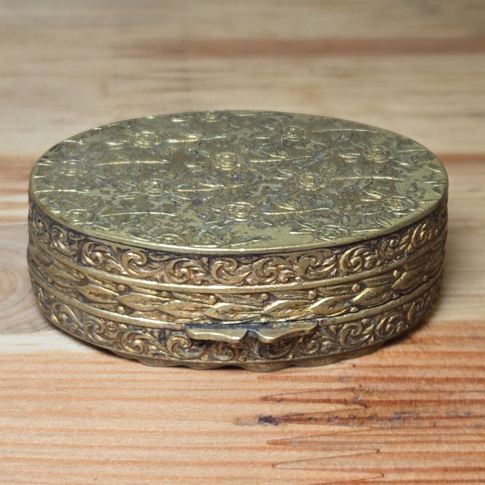 Vintage Made In Italy Solid Brass‎ Oval Pill Box Floral Hinged Mini Trinket Ring